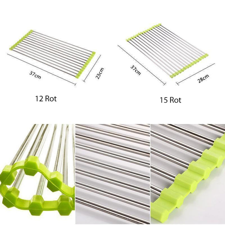 "Rullbart diskställ i rostfritt stål, elegant design, perfekt för kök, platsbesparande och värmebeständigt."