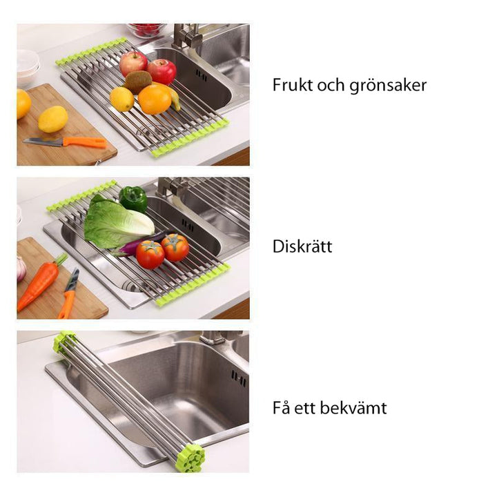 "Rullbart diskställ i rostfritt stål, elegant design, perfekt för kök, platsbesparande och värmebeständigt."