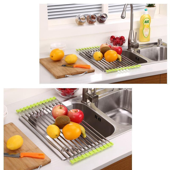 "Rullbart diskställ i rostfritt stål, elegant design, perfekt för kök, platsbesparande och värmebeständigt."