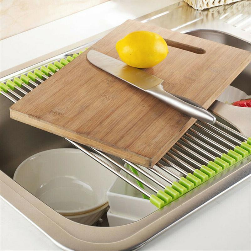 "Rullbart diskställ i rostfritt stål, elegant design, perfekt för kök, platsbesparande och värmebeständigt."