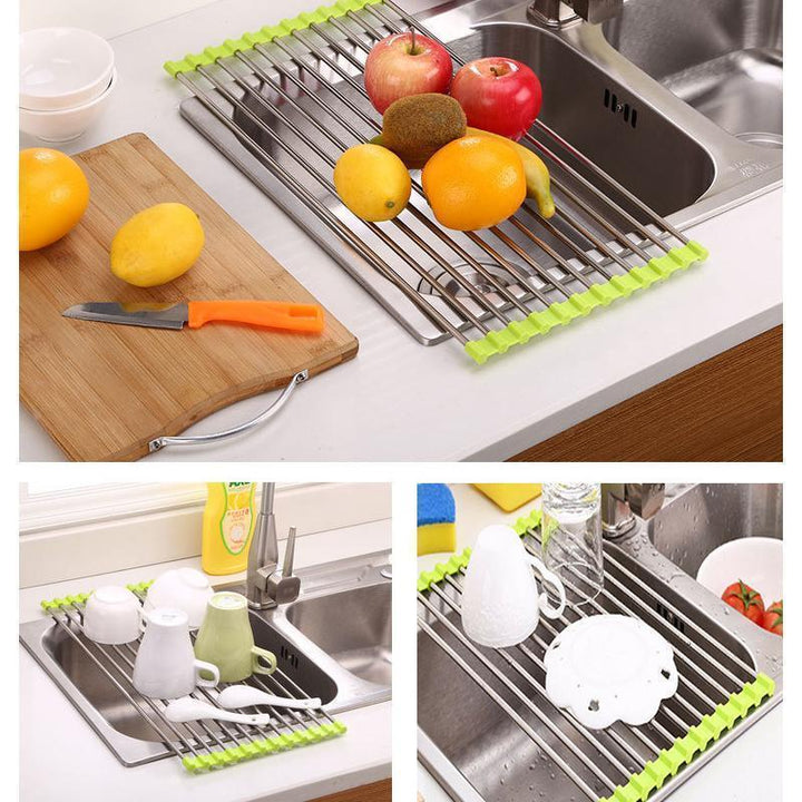 "Rullbart diskställ i rostfritt stål, elegant design, perfekt för kök, platsbesparande och värmebeständigt."
