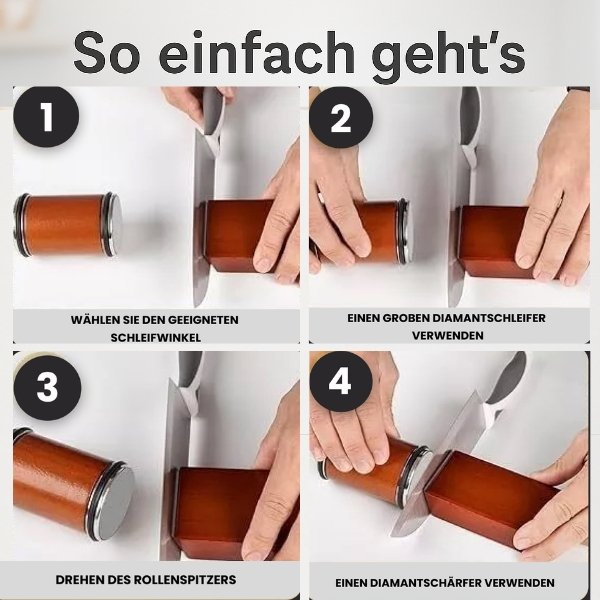 Användare skärper sin kökskniv med den ergonomiska rullvässaren för vassare matlagning.