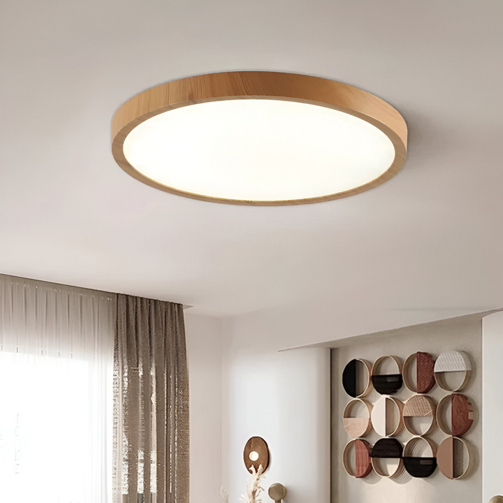 Rund modern LED taklampa med valnötsfinish & justerbar 3-färgsbelysning för vardagsrum.