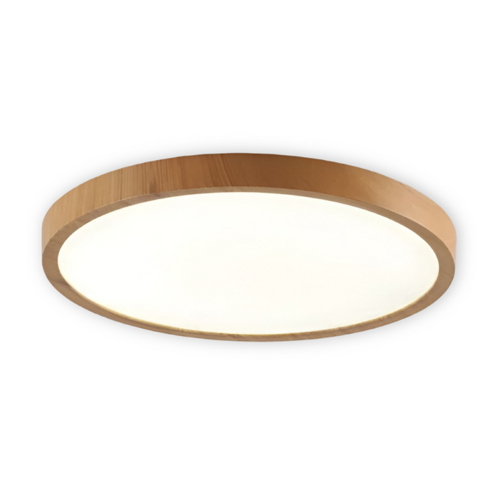 Stilren rund taklampa i trädesign med 3-färgs LED. Idealisk som modern vardagsrums- eller sovrumsbelysning.