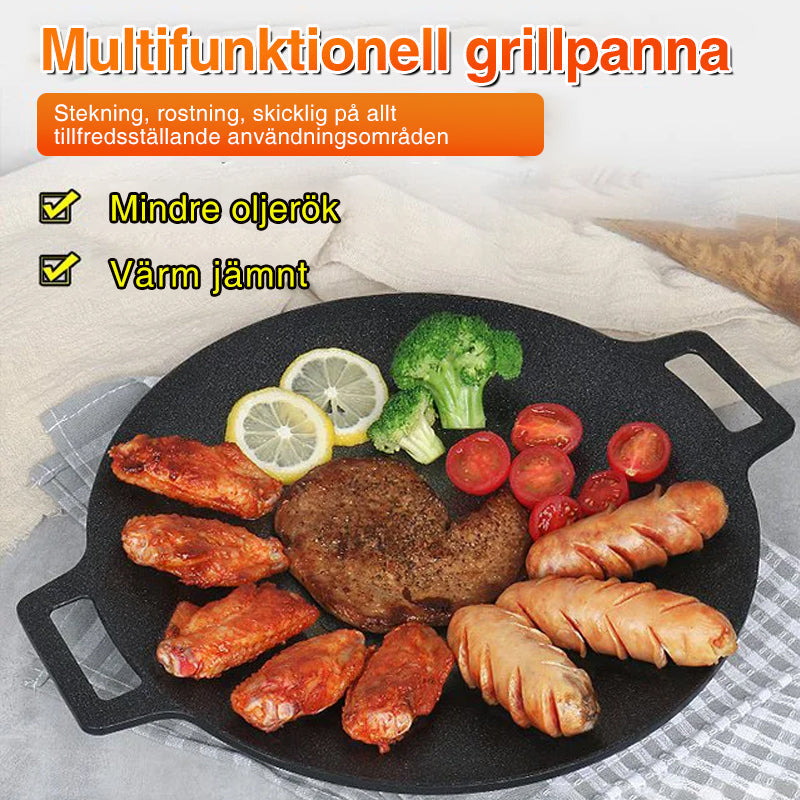 Rund non-stick stekpanna i svart aluminiumlegering med två öronhandtag, idealisk för grillmatlagning utomhus.