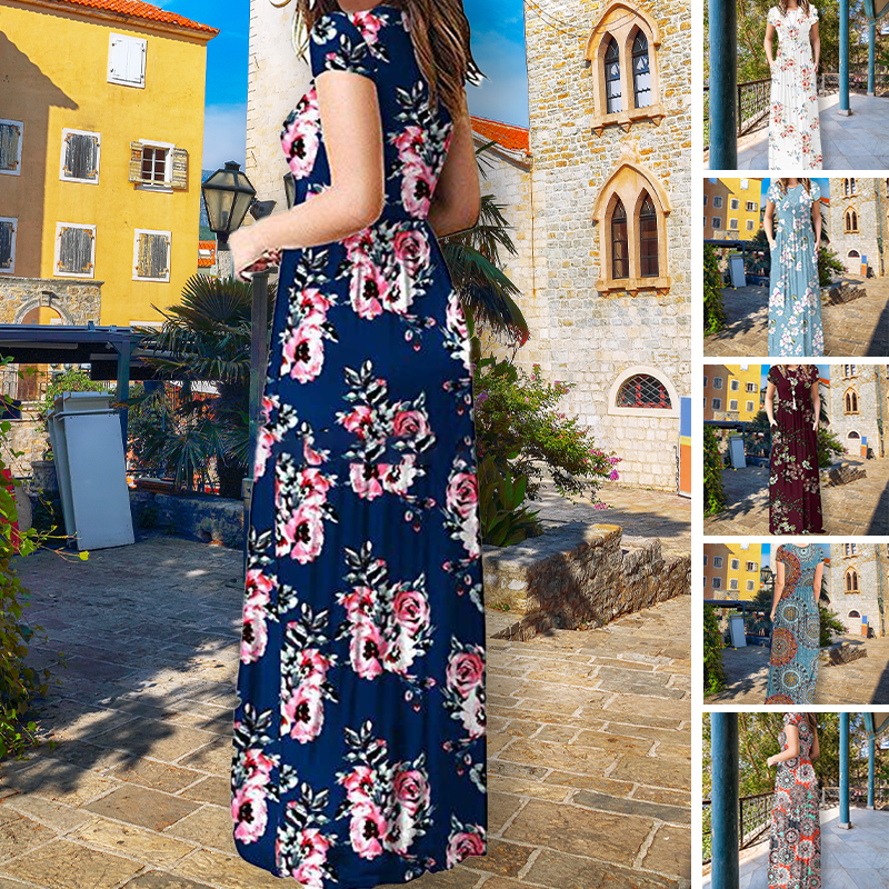 "Rundhalsad maxi klänning med blommönster för kvinnor, vinröd färg, elegant design med mjukt fall och avslappnad passform."