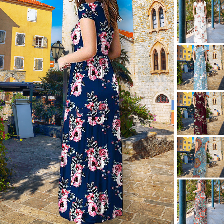 "Rundhalsad maxi klänning med blommönster för kvinnor, vinröd färg, elegant design med mjukt fall och avslappnad passform."