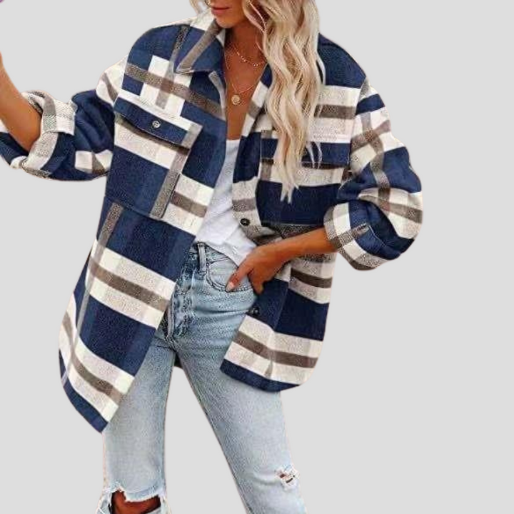 Feminin höftlång rutig dam skjortjacka "Abbey". Trendig overshirt, ett mångsidigt lagerplagg.