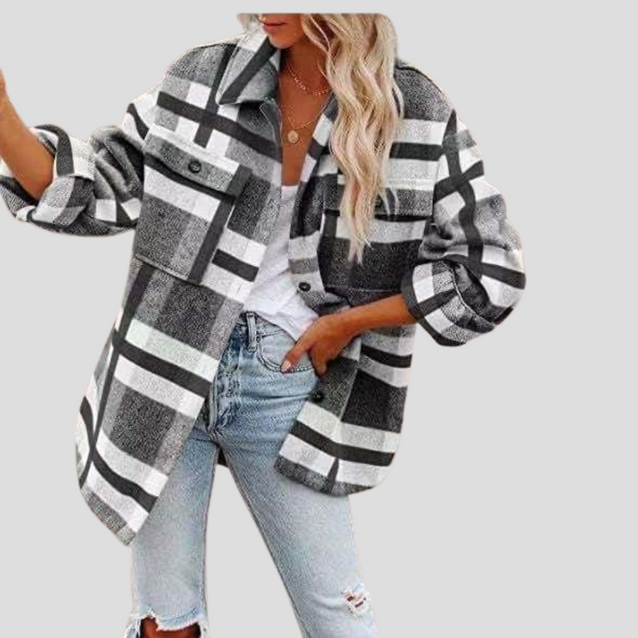 Mjuk rutig dam skjortjacka "Abbey", höftlång modell. En mysig overshirt, perfekt som avslappnat lagerplagg.