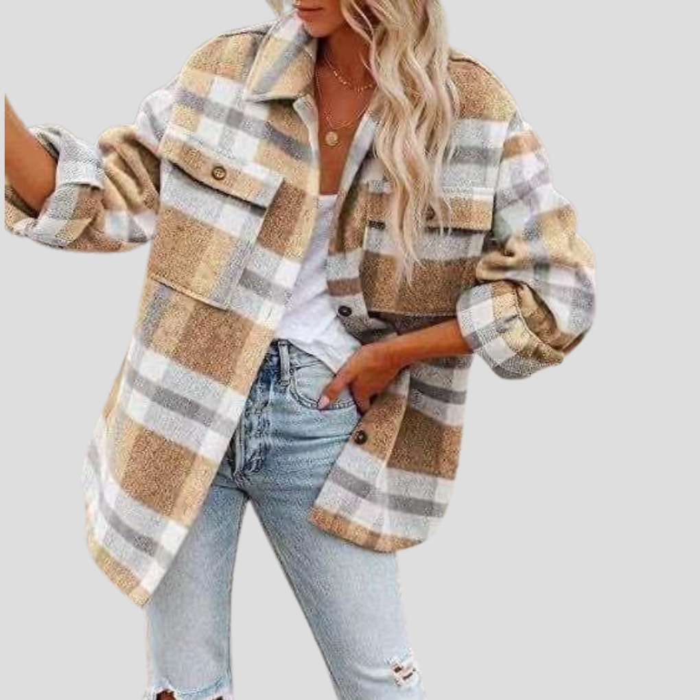 Elegant rutig dam skjortjacka, höftlång vardagsjacka "Abbey". Trendig overshirt för en avslappnad stil.