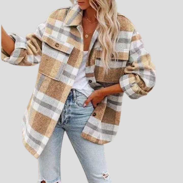 Elegant rutig dam skjortjacka, höftlång vardagsjacka "Abbey". Trendig overshirt för en avslappnad stil.