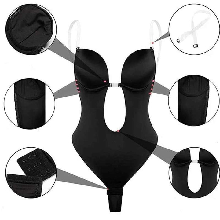 "Rygglös shapewear bh i beige nylon, designad för osynlighet, stöd och silkeslen känsla under rygglösa klänningar."