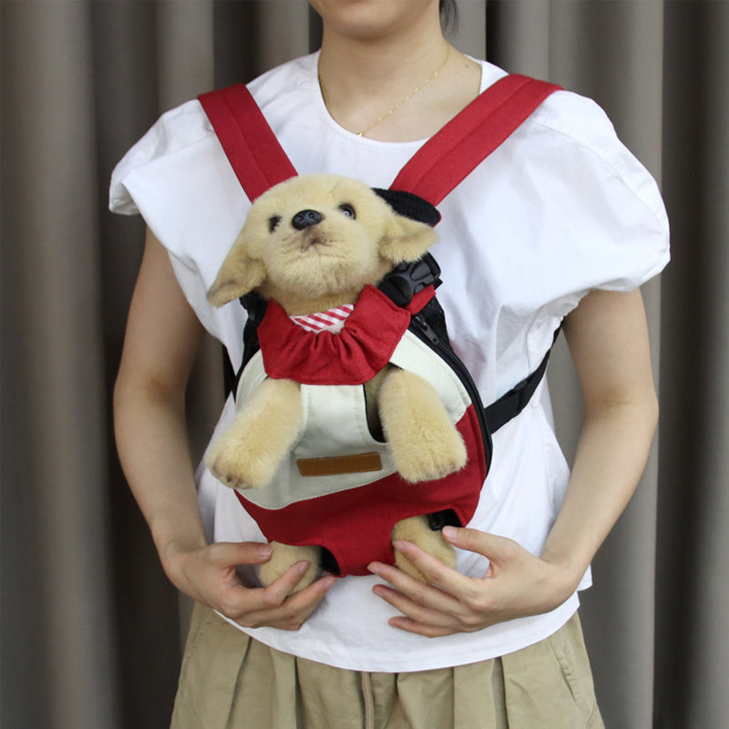 Ryggsäck för husdjur i rött och vitt polyester. Bekväm, slitstark design med ben och svans ut för enkel transport.