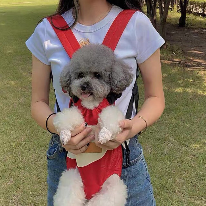 Ryggsäck för husdjur i rött och vitt polyester. Bekväm, slitstark design med ben och svans ut för enkel transport.