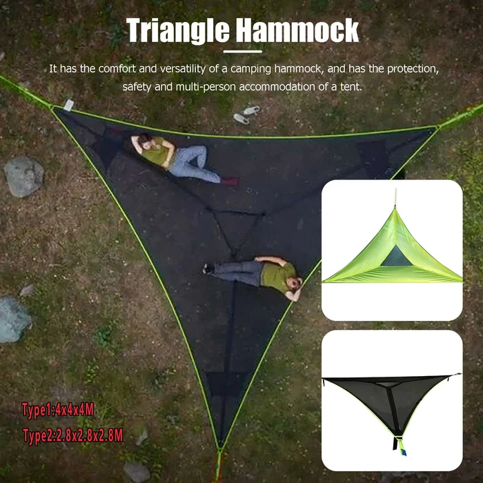 Grön triangelhängmatta, perfekt som en bekväm och bärbar sovlösning på camping.