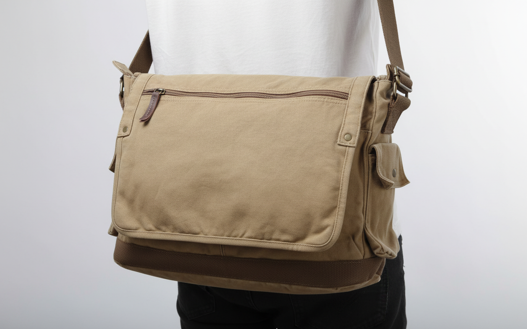 Stilren khaki canvas messengerväska från CarryMax. Unisex design, idealisk som laptopväska för skola och arbete.