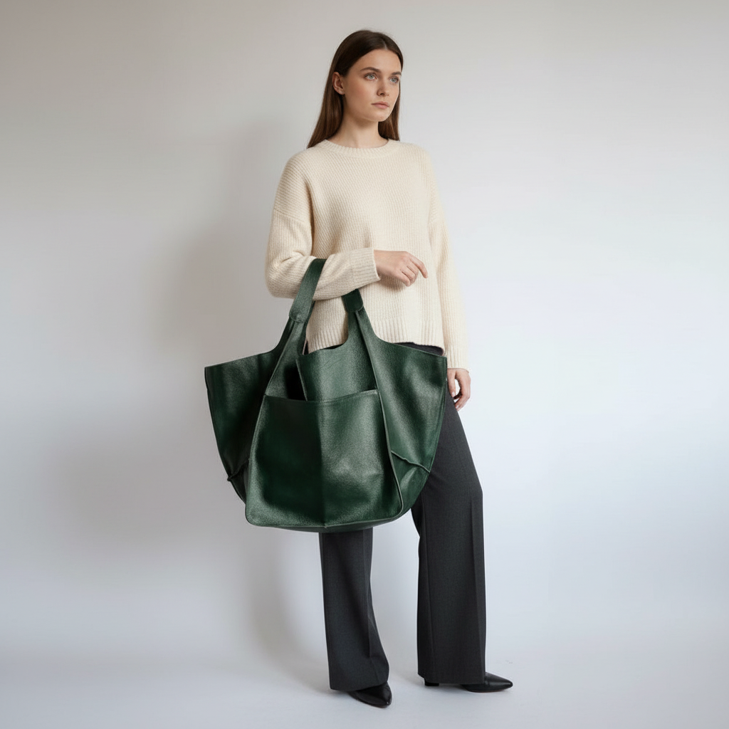 Samling av veganska damväskor i olika färger. Rymliga shoppers i konstläder, elegant design.