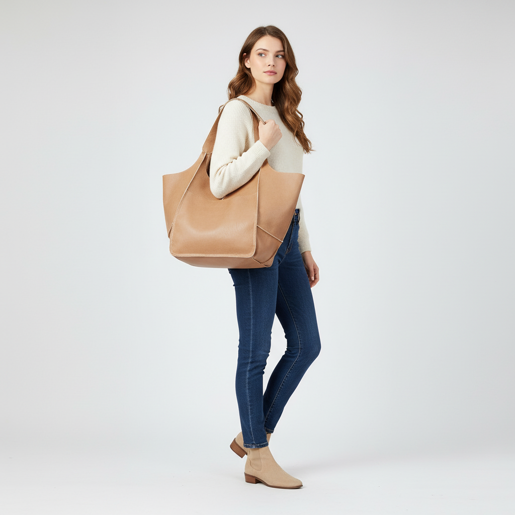 Elegant svart vegansk shopper. Rymlig handväska i konstläder med justerbar axelrem.