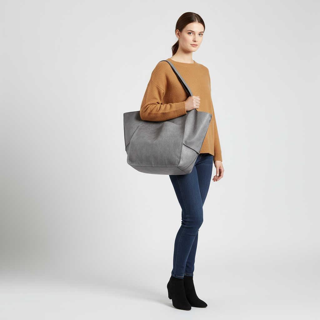 Kvinna bär elegant vegansk shopper. Rymlig axelremsväska i konstläder, perfekt för vardag.