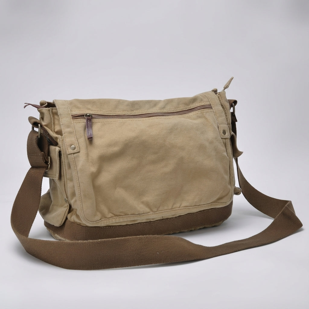 Unisex axelremsväska i slitstark khaki canvas med vintage design. Idealisk som studentväska.