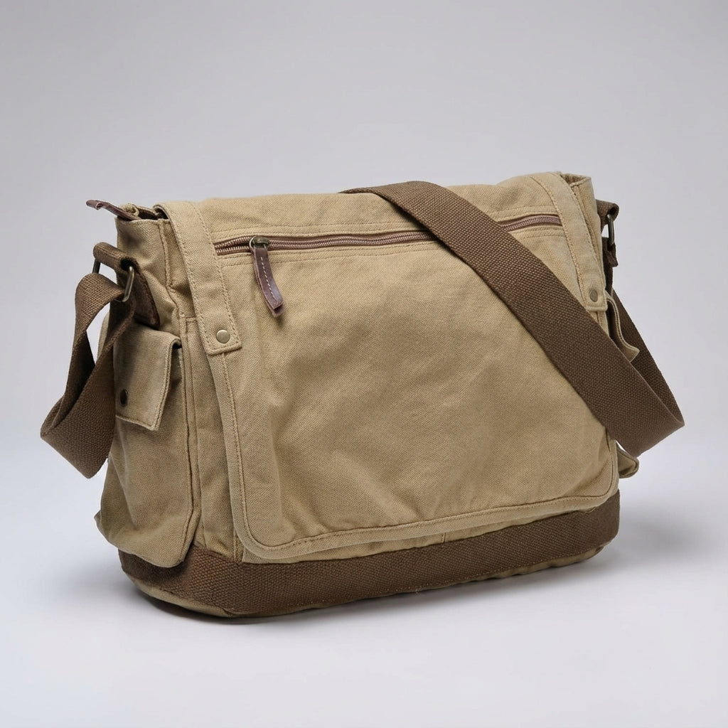Vintage canvas messengerväska, khaki. Rymlig unisex design för laptop, anteckningsböcker och personliga saker.