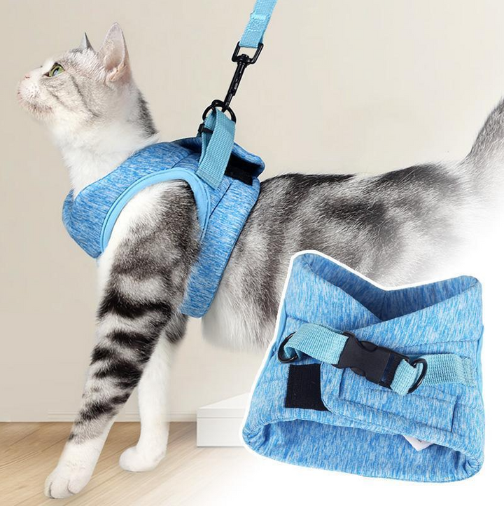 Ergonomisk kattsele med koppel för en glad katt. Låter katten utforska säkert och bekvämt i naturen.