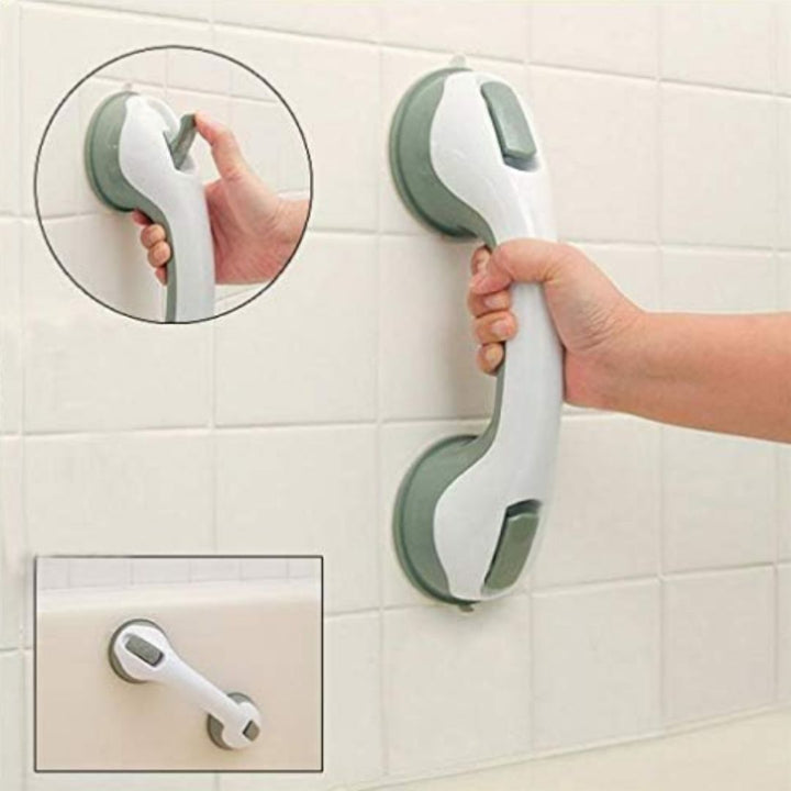 Ergonomiskt duschhandtag i vit plast med två kraftiga sugkoppar. Ger stadigt trygghetsgrepp för säkerhet i duschen.