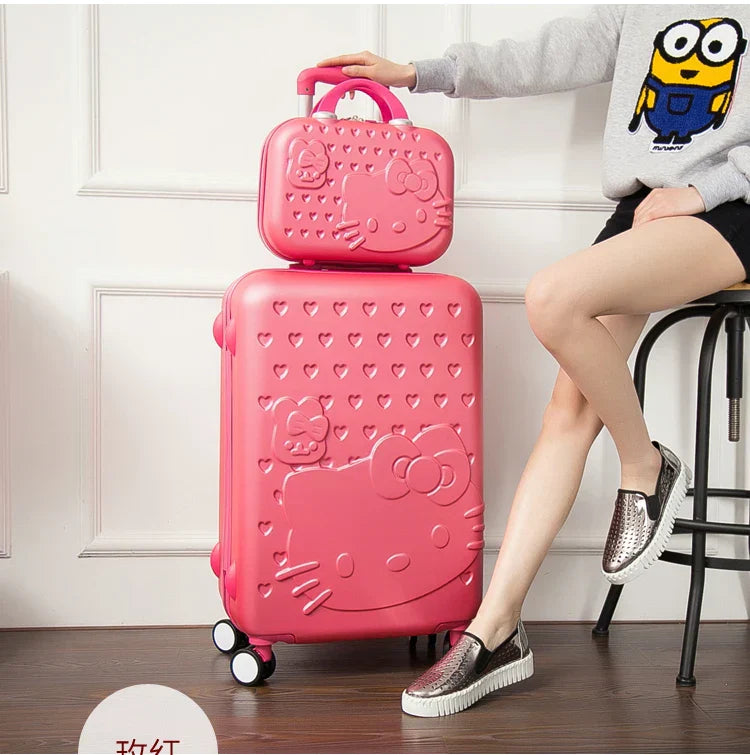 Rosa mellanstor resväska med söta katter. Lättviktsbagage med 360° spinnerhjul.