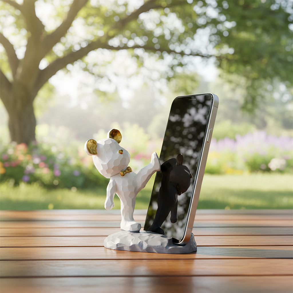 Söt TeddyHolder telefonställ i plysch, perfekt för handsfree mobilvisning på skrivbordet.