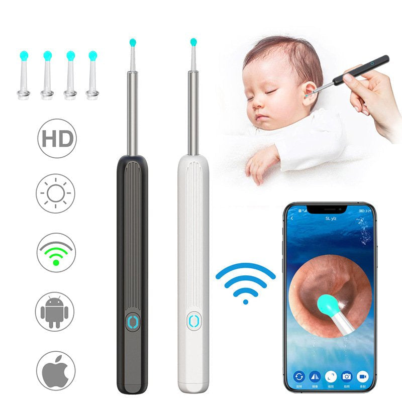 "Säker öronrengörare med spiralformat silikonhuvud och inbyggd HD-kamera för effektiv öronhygien och visuell inspektion."