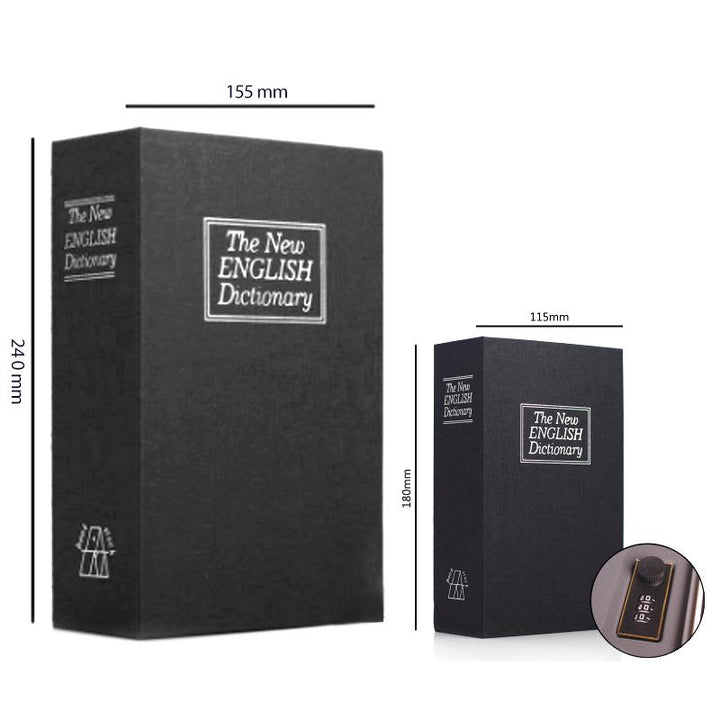 "Säkerhetsboklåda av stål, bokformad, med kombinationslås, diskret förvaring på bokhylla, inomhusbruk."