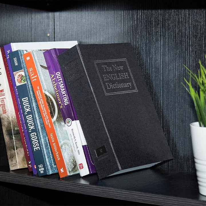 "Säkerhetsboklåda av stål, bokformad, med kombinationslås, diskret förvaring på bokhylla, inomhusbruk."