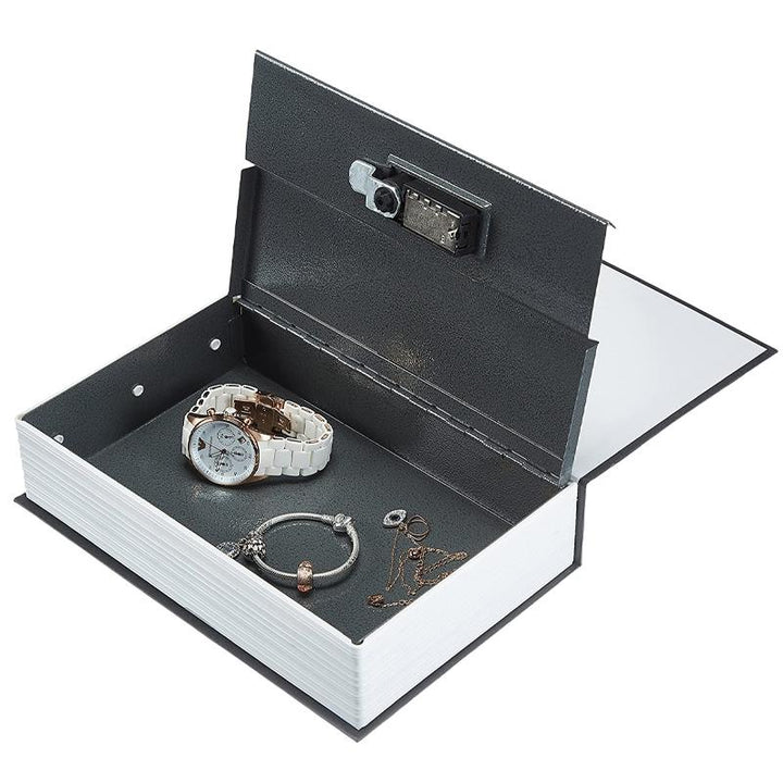 "Säkerhetsboklåda av stål, bokformad, med kombinationslås, diskret förvaring på bokhylla, inomhusbruk."