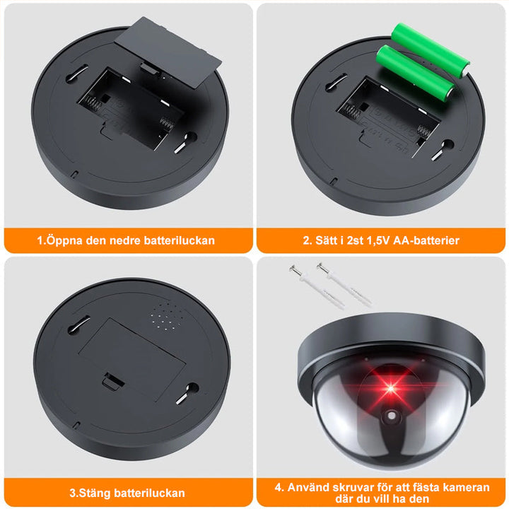 "Säkerhetskamera inomhus/utomhus svart ABS-material, rött LED-ljus, realistiskt utseende för hem och företag"