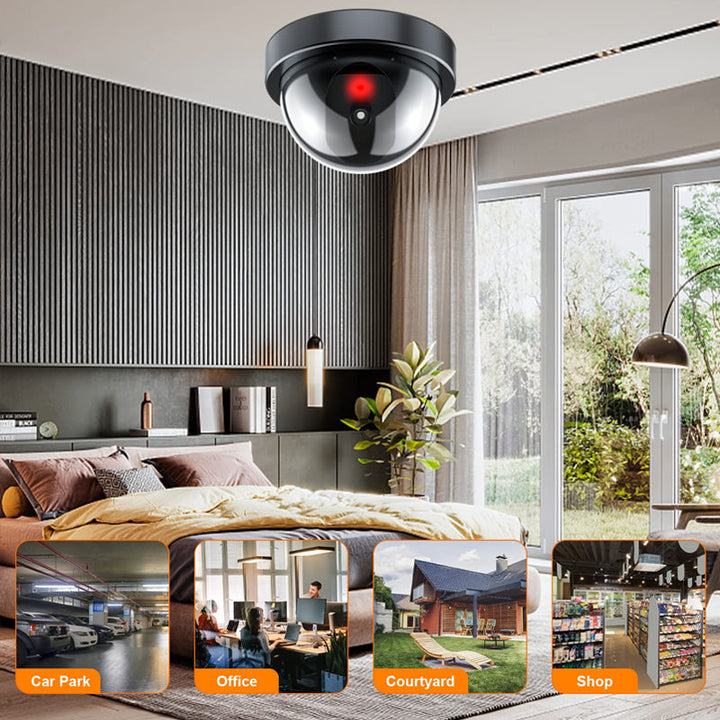 "Säkerhetskamera inomhus/utomhus svart ABS-material, rött LED-ljus, realistiskt utseende för hem och företag"