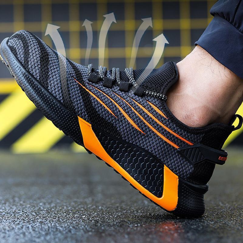 "Säkerhetsskor för män med ståltåhätta, mörk färg, halksäker sula, idealisk för arbetsmiljö, robust design."