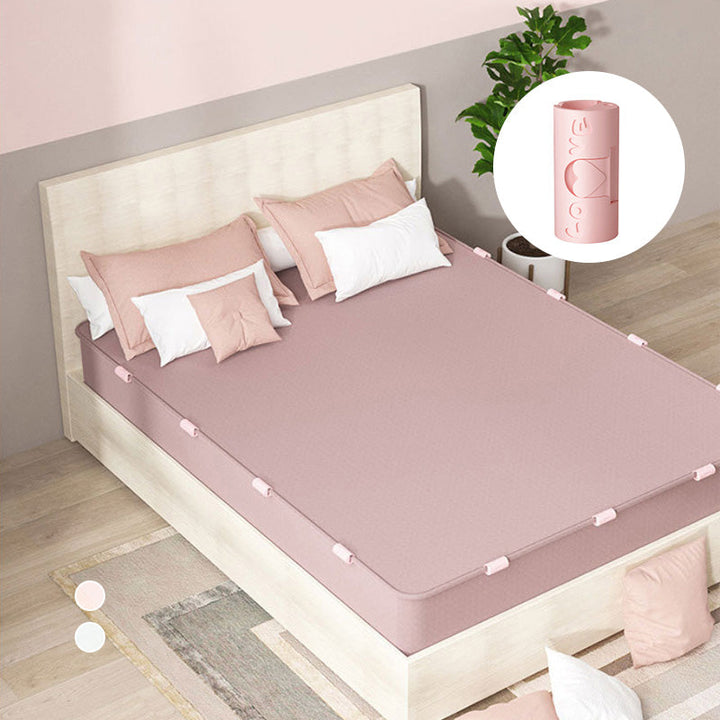 "Sänglakanhållare utan nålar i blå och rosa, funktionell och stilren, av slitstarkt ABS-material för prydligt sovrum."