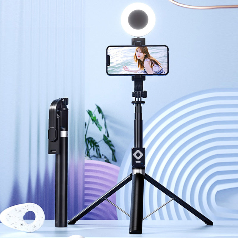 "Selfiepinne med dimbart LED-ljus och Bluetooth-fjärrkontroll, svart och vit, kompakt och bärbar, perfekt för nattbilder."