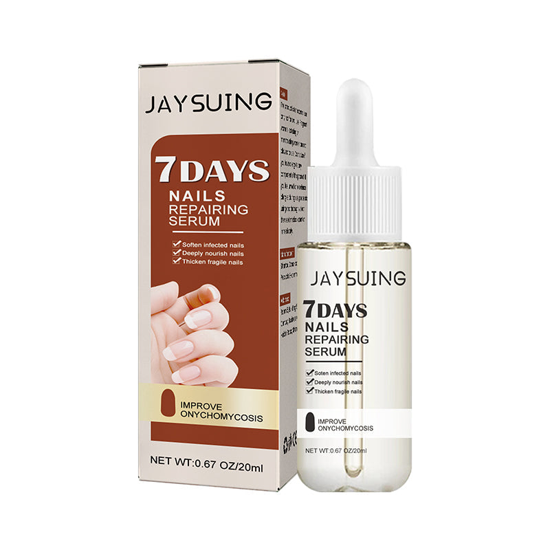 "Serumflaska för nageltillväxt på vit bakgrund, snabb effekt 7 dagar, för starkare och längre naglar i 20ml förpackning."