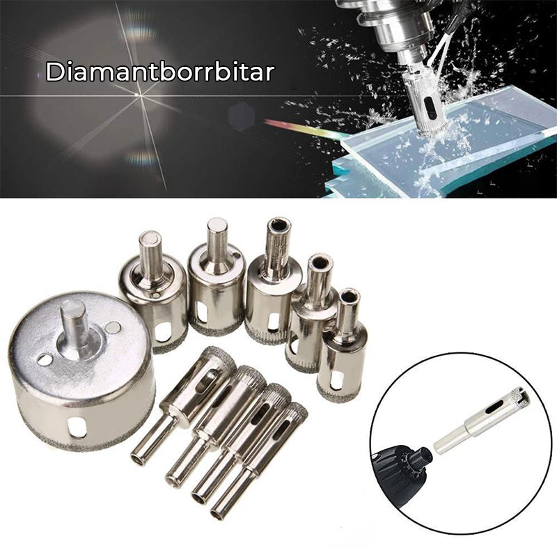 "Set med 10 diamantborr för hårda material, stålbaserade, olika storlekar för exakt borrning i glas och sten."