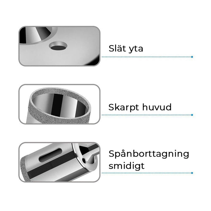 "Set med 10 diamantborr för hårda material, stålbaserade, olika storlekar för exakt borrning i glas och sten."
