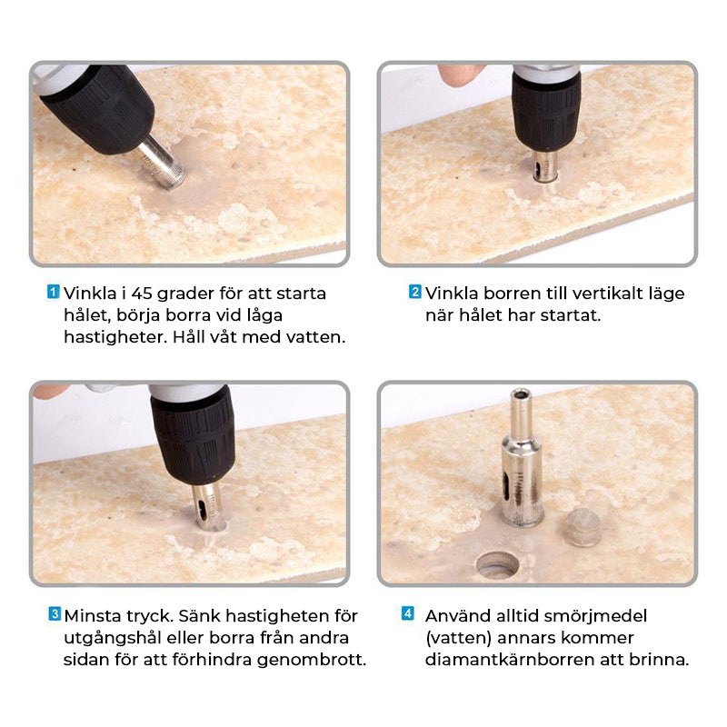 "Set med 10 diamantborr för hårda material, stålbaserade, olika storlekar för exakt borrning i glas och sten."