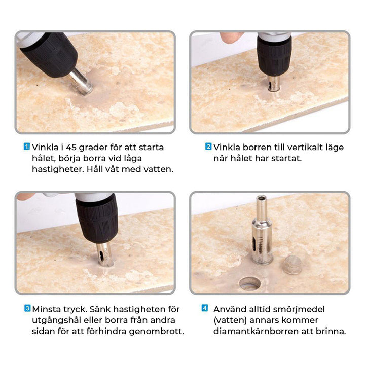 "Set med 10 diamantborr för hårda material, stålbaserade, olika storlekar för exakt borrning i glas och sten."