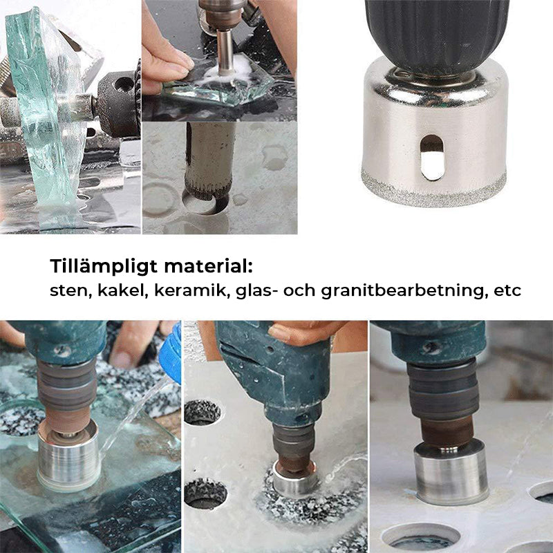 "Set med 10 diamantborr för hårda material, stålbaserade, olika storlekar för exakt borrning i glas och sten."
