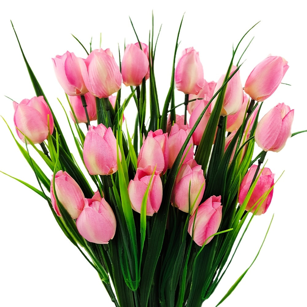 Närbild på realistiska konstgjorda tulpaner; UV-resistenta för långvarig skönhet.