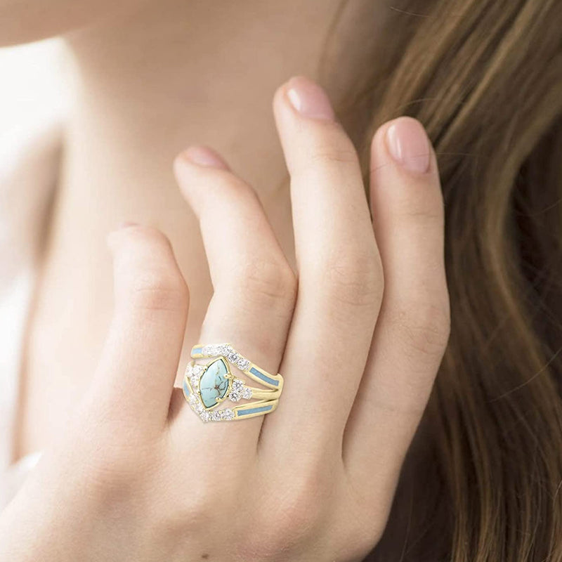 "Set med turkos diamantringar för kvinnor, justerbar storlek, silver och guld ton, geometrisk form, 3 delar."