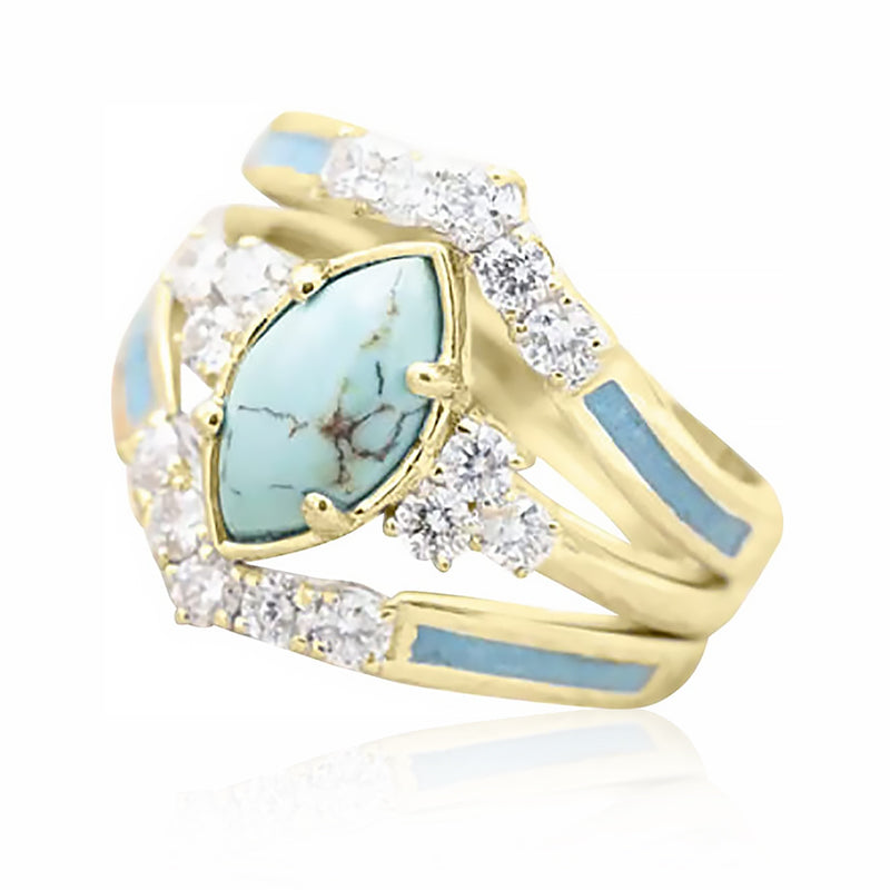 "Set med turkos diamantringar för kvinnor, justerbar storlek, silver och guld ton, geometrisk form, 3 delar."