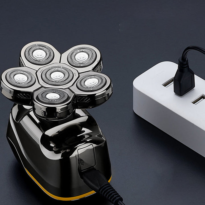"Sexbladig elektrisk rakapparat för män med ergonomisk design, svart färg, nära rakning, 6D flytande huvud."