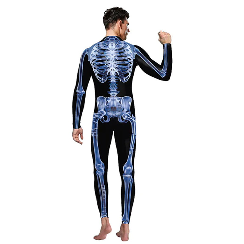 "Sexig dam Halloween bodysuit med dödskalletryck och figurnära passform, reaktiv i UV-ljus, bekvämt lycratyg."