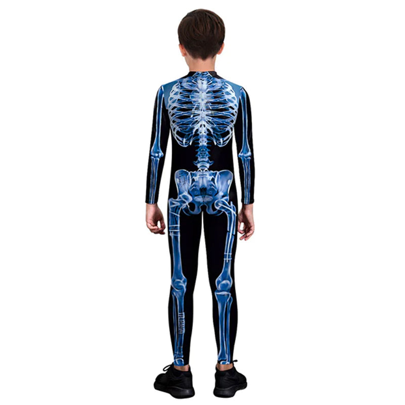 "Sexig dam Halloween bodysuit med dödskalletryck och figurnära passform, reaktiv i UV-ljus, bekvämt lycratyg."